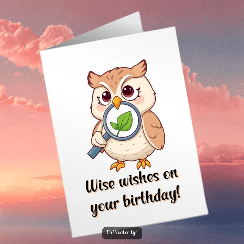 Funny Free Printable Birthday Card showing a playful owl using a magnifying glass to closely inspect a tiny leaf, perfect for DIY humor.