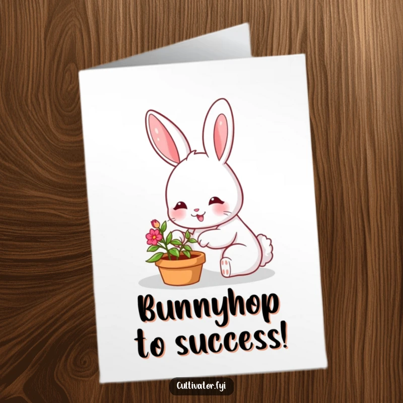 Funny free printable congratulations card featuring a happy bunny tending a small, vibrant plant, symbolizing new growth and success.