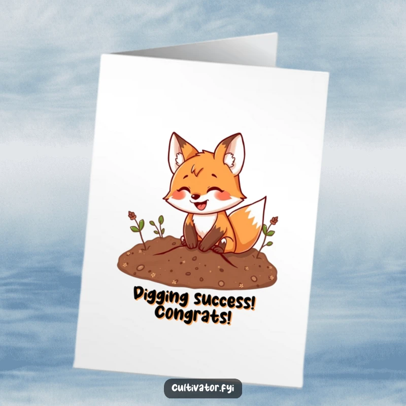 Funny Free Printable Congratulations Card: Playful fox digging with a wide smile, celebrating success humorously.