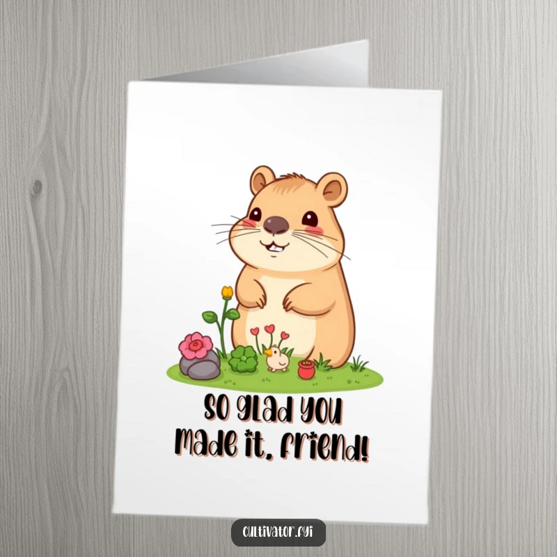 Funny Free Printable Capybara Congratulations Card: A content capybara surveys its miniature garden, celebrating your success.