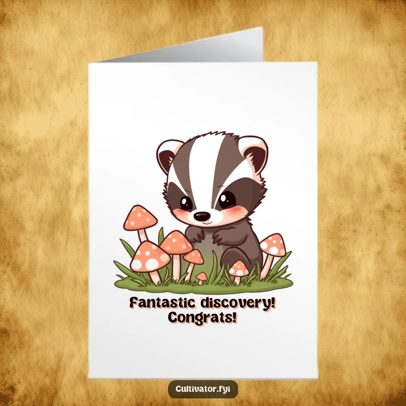Funny Free Printable Congrats Card: Curious badger explores a mushroom patch, celebrating a wonderful discovery and success.