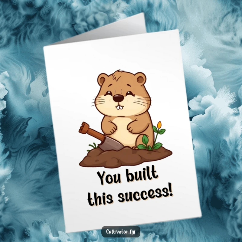 Funny Free Printable Congratulations Card: Diligent beaver digging garden bed, celebrating success, downloadable art.