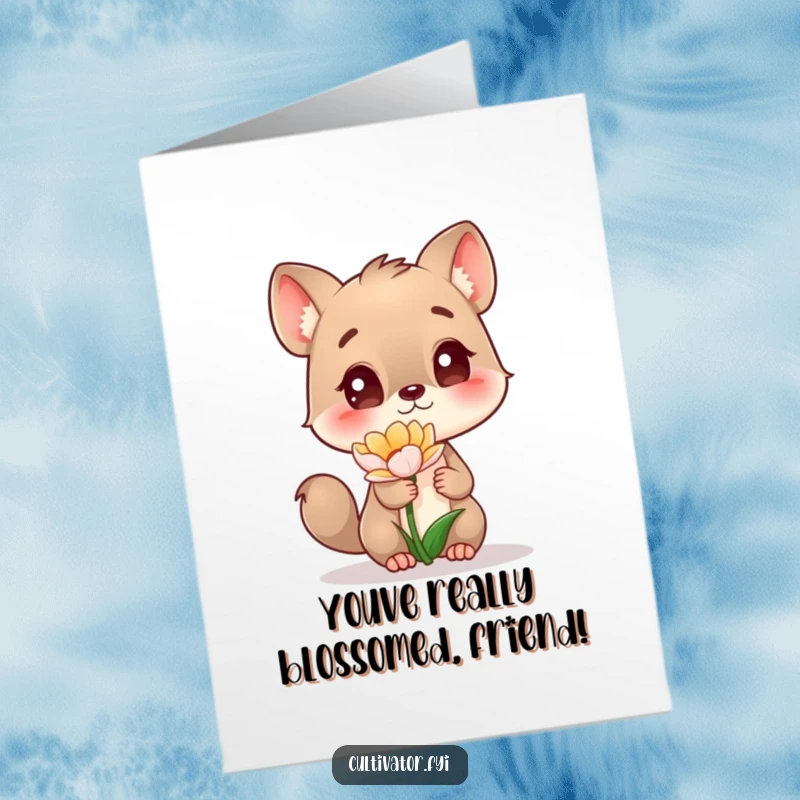 Funny Free Printable Congrats Card: A curious animal gazes intently at a newly sprouted flower, symbolizing growth and achievement.