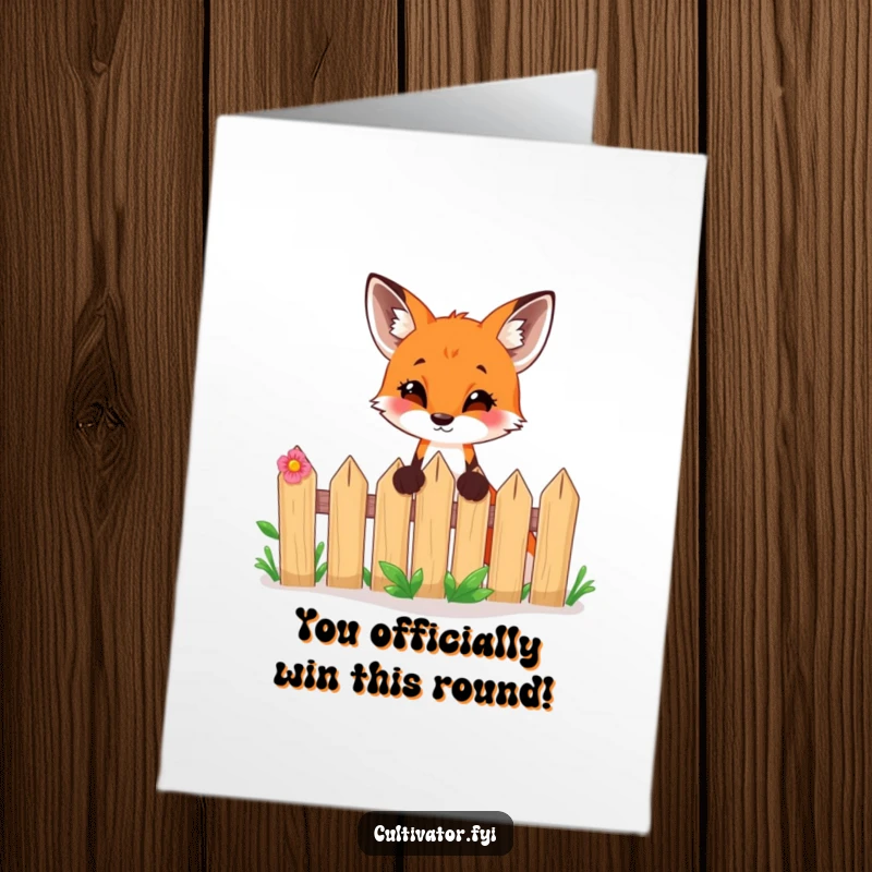 Funny Free Printable Congratulations Card: A curious fox excitedly peeking over a fence, celebrating success with humor and charm.