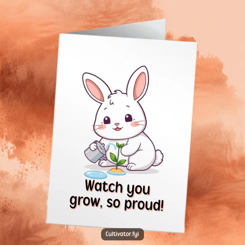 Funny Free Printable Congratulations Card: Cheerful rabbit waters a tiny sprout, celebrating new growth and success.