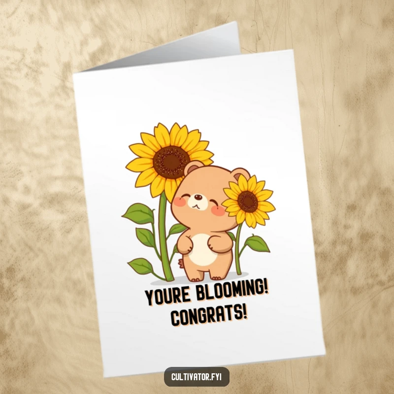 Funny Free Printable Congrats Card: Giggling bear celebrates with a massive sunflower, perfect for congratulating any success.