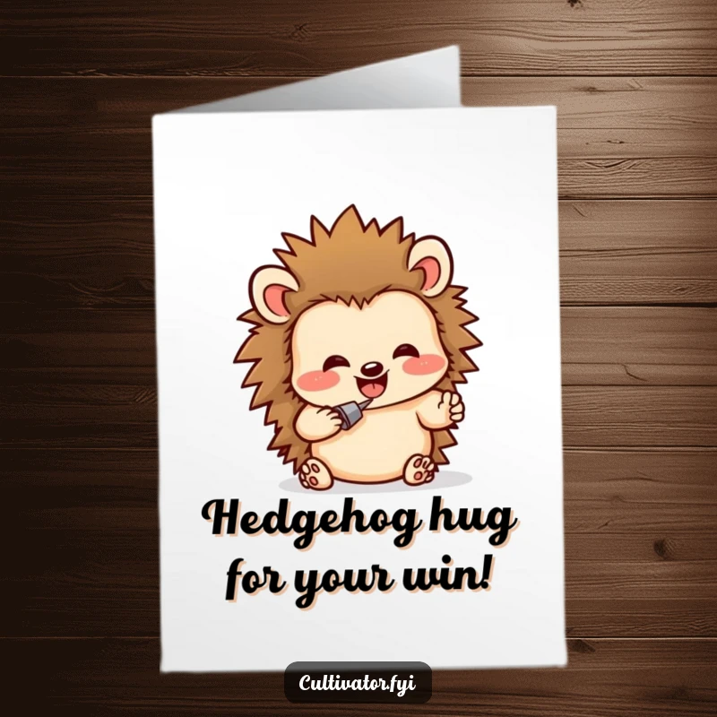 Funny free printable congratulations card of a delighted hedgehog digging happily in soil, a unique downloadable.