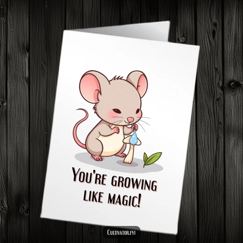 Funny Free Printable Congrats Card: Determined mouse using a dropper to water a minuscule mushroom, celebrating small beginnings.