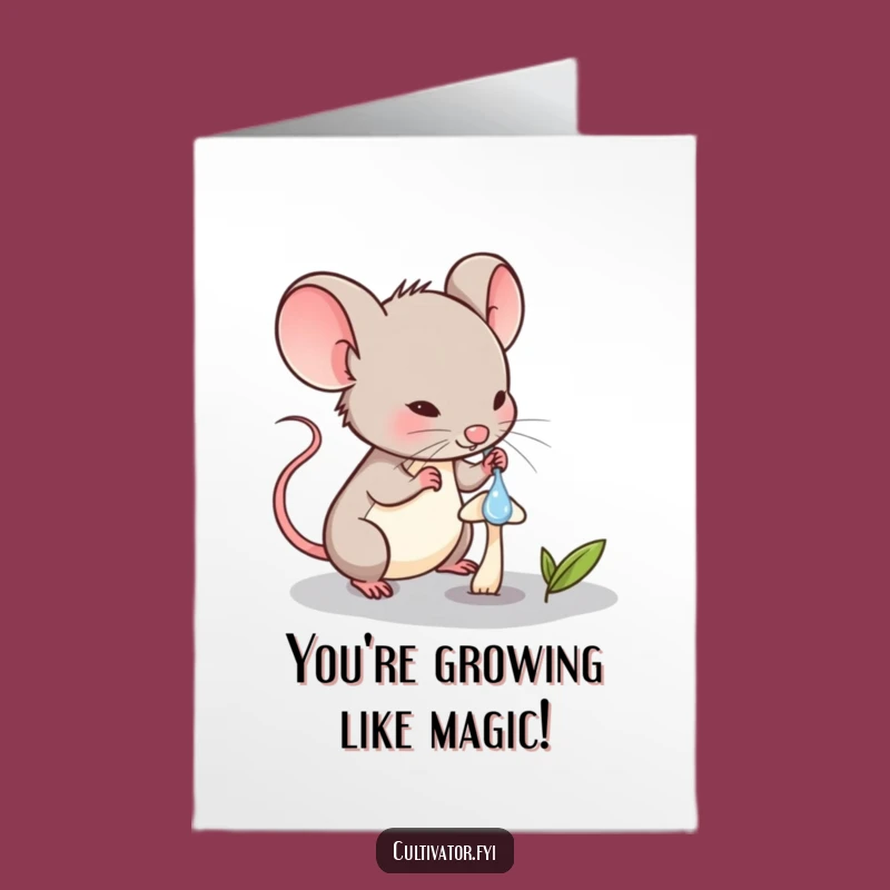 Free Printable Congrats Card: Mouse Watering Mushroom, Funny Downloadable Gift for Small Victories
