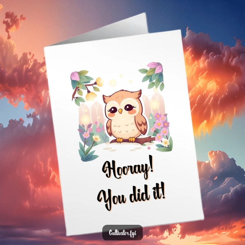 Funny Free Printable Congrats Card: Contented owl observes fireflies, symbolizing a glowing achievement in a garden setting.