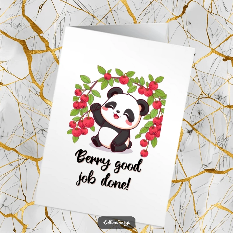 Funny Free Printable Congratulations Card featuring a delighted panda picking a single ripe berry, symbolizing a sweet reward for success, great for gifts.
