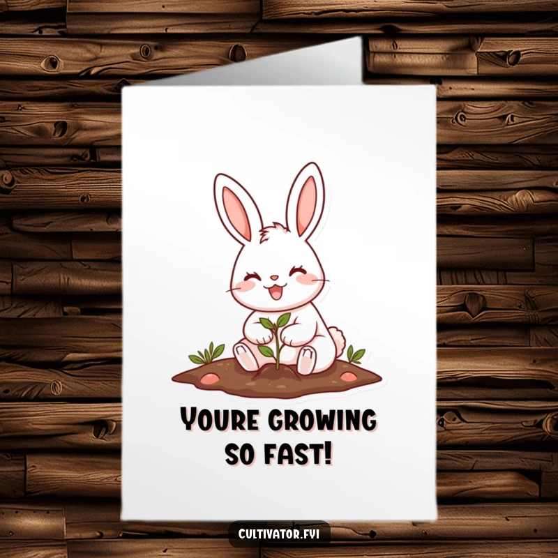 Funny Free Printable Congratulations Card featuring a cheerful rabbit planting a seed, symbolizing growth and new beginnings with humor.