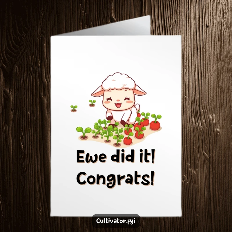 Funny Free Printable Congratulations Card showing a happy sheep tending vegetables, celebrating success with a humorous and pastoral theme.