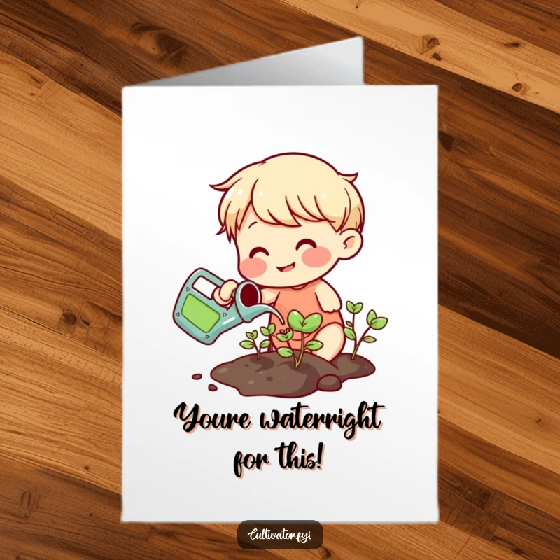 Funny Free Printable Congratulations Card showing a smiling character watering sprouts, representing growth and success with a humorous touch.