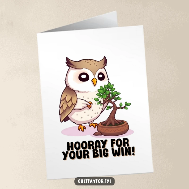 Funny Free Printable Owl Congratulations Card: A focused owl prunes a bonsai, celebrating your successful growth.