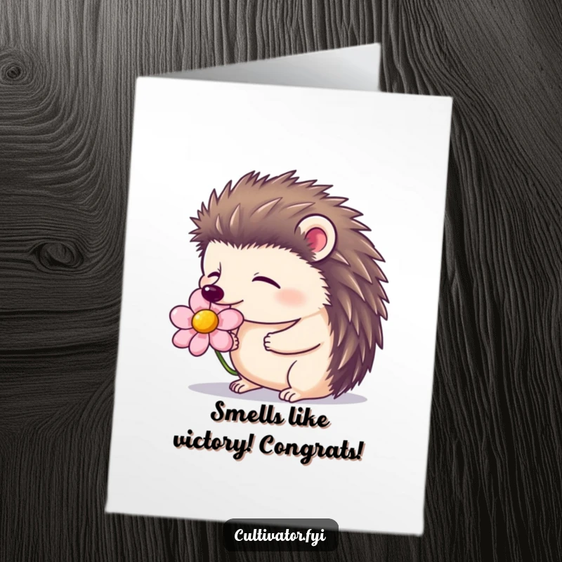 Free Printable Congrats Card: Content hedgehog enjoying a flower, celebrating success peacefully.