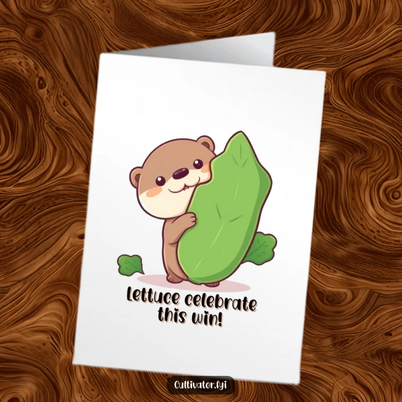 Funny Free Printable Congrats Card: A curious otter emerges from behind a massive vegetable, celebrating success with a giggle.