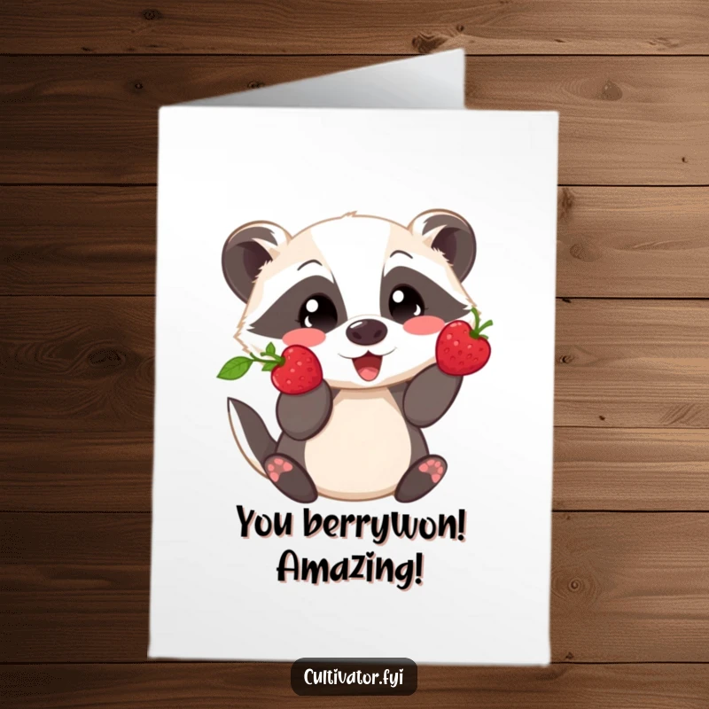 Free Printable Congrats Card: Playful badger proudly displaying a freshly picked berry, celebrating achievement.