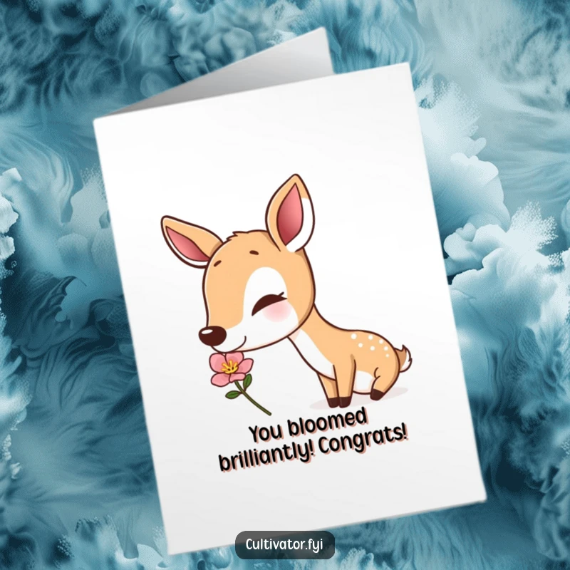 Funny Free Printable Congrats Card: A deer appreciating a flower, perfect for celebrating achievements with humor.