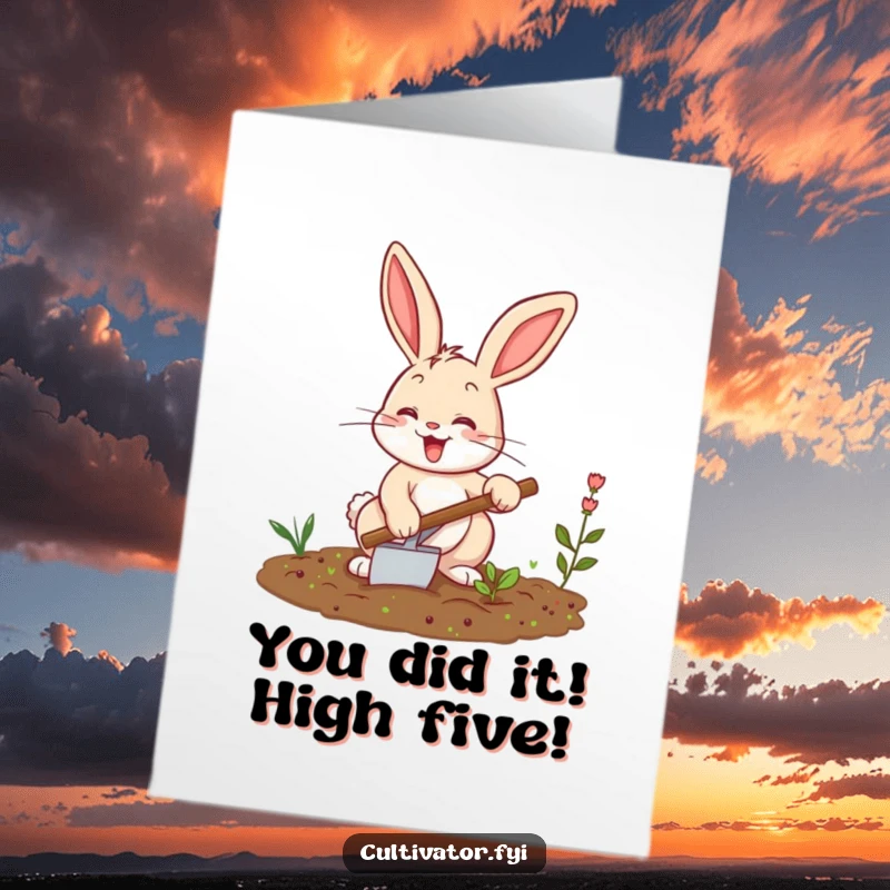 Funny Free Printable Congratulations Card: Energetic bunny planting with a trowel, celebrating success, downloadable art, print at home.
