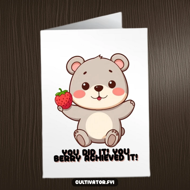 Funny Free Printable Congratulations Card: A happy bear proudly holds up a single berry, ideal for a lighthearted DIY gift.
