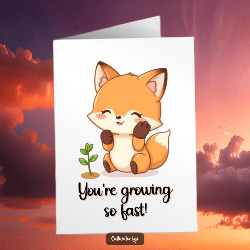 Funny Free Printable Congrats Card: Happy fox with gloves, gently caring for a small sprout, symbolizing new beginnings.