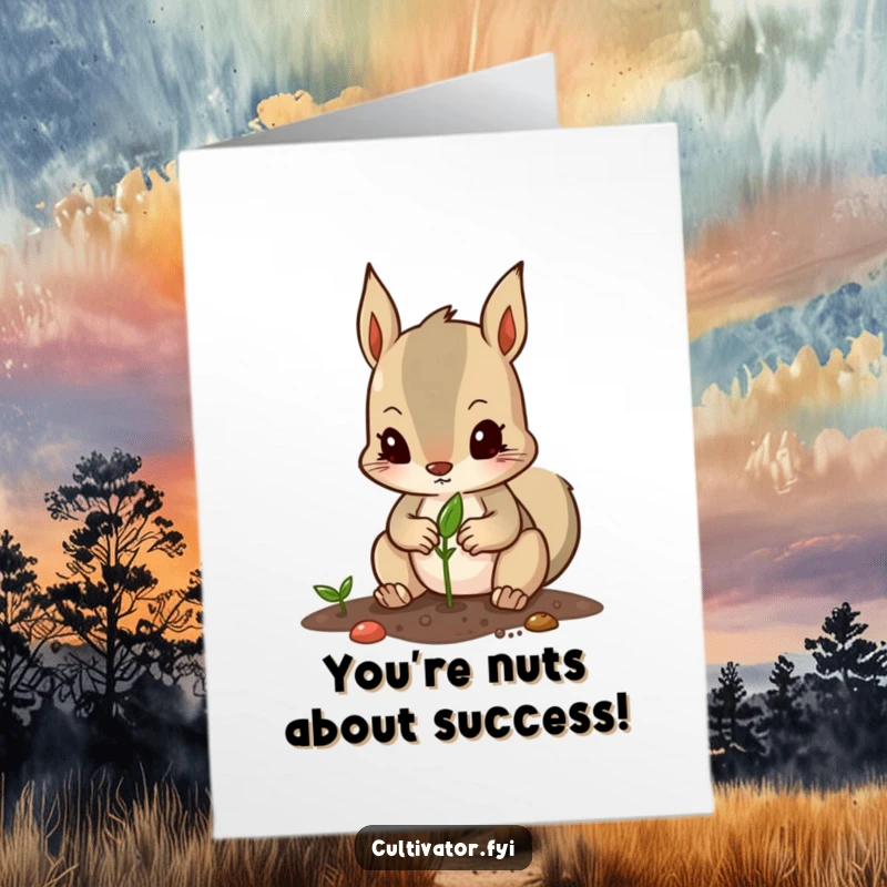 Funny free printable congratulations card with a focused squirrel meticulously planting a seed, representing future growth and achievement.