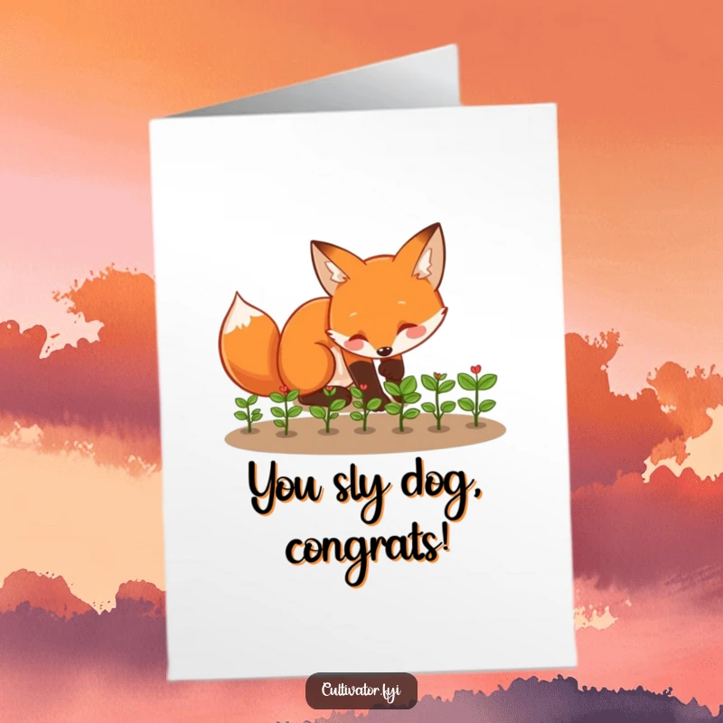 Funny Free Printable Congratulations Card: Playful fox tending seedlings, sowing success, celebrating growth.