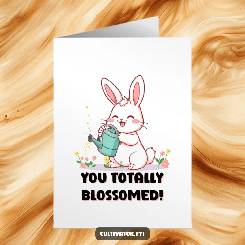 Funny Free Printable Congrats Card: Cheerful bunny with watering can, sprinkling tiny flowers to celebrate success, instantly downloadable.