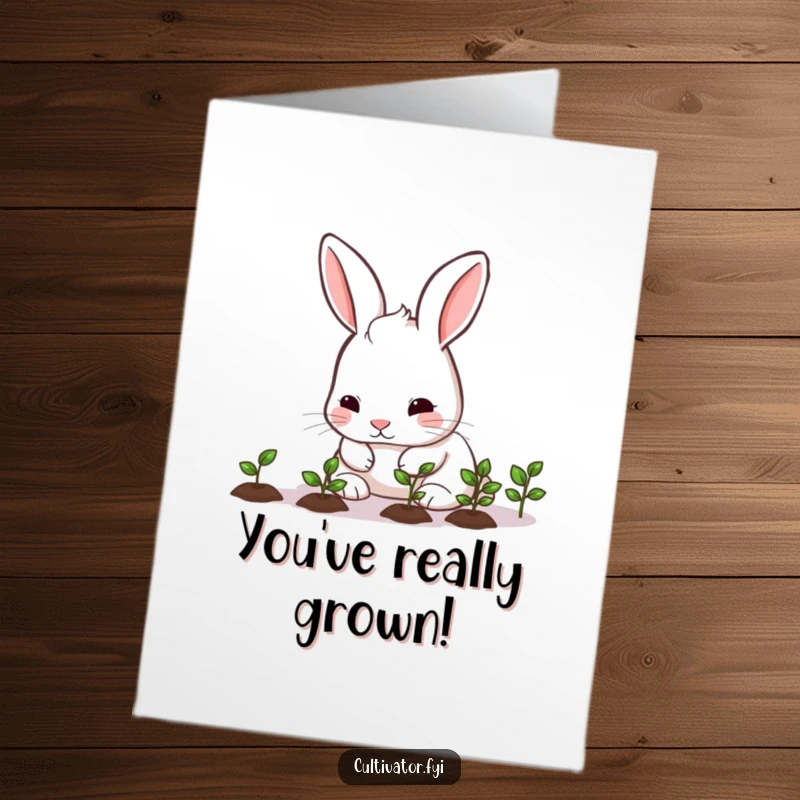 Cute Free Printable Congrats Card: A rabbit carefully tending seedlings, representing successful growth and nurturing.