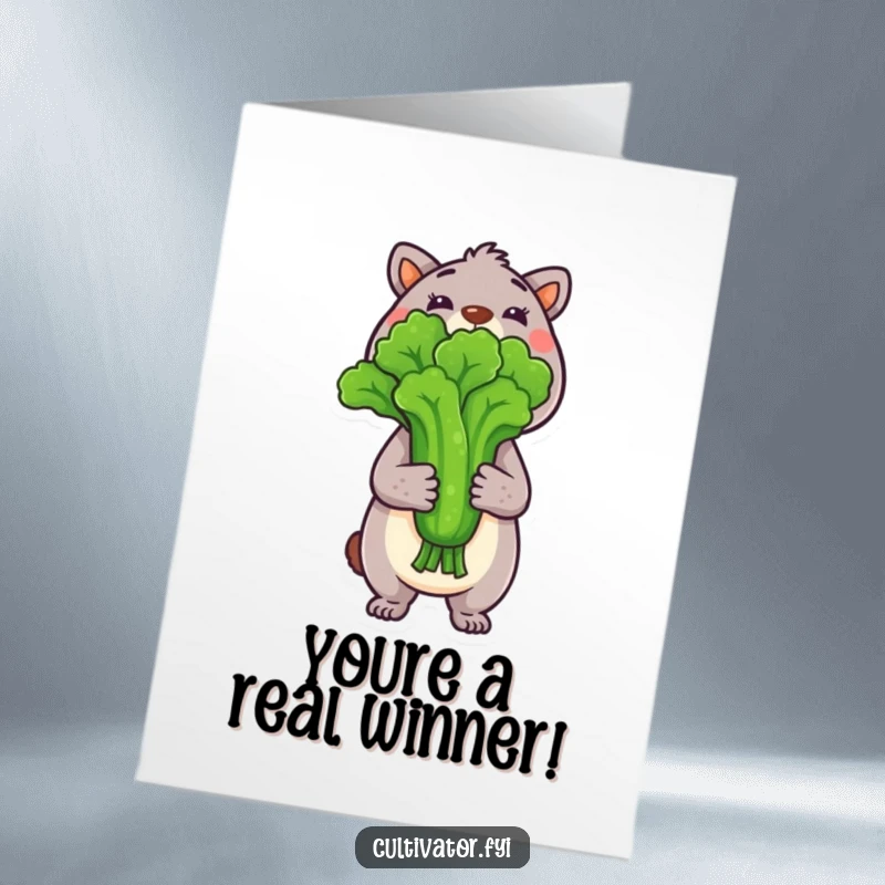 Funny Free Printable Congrats Card: An animal proudly showcases a large, freshly harvested vegetable, symbolizing accomplishment.