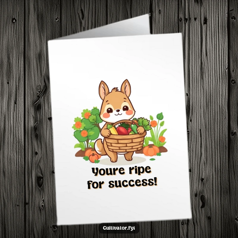 Funny Free Printable Congratulations Card showing a happy animal character proudly offering a basket filled with fresh, homegrown produce.