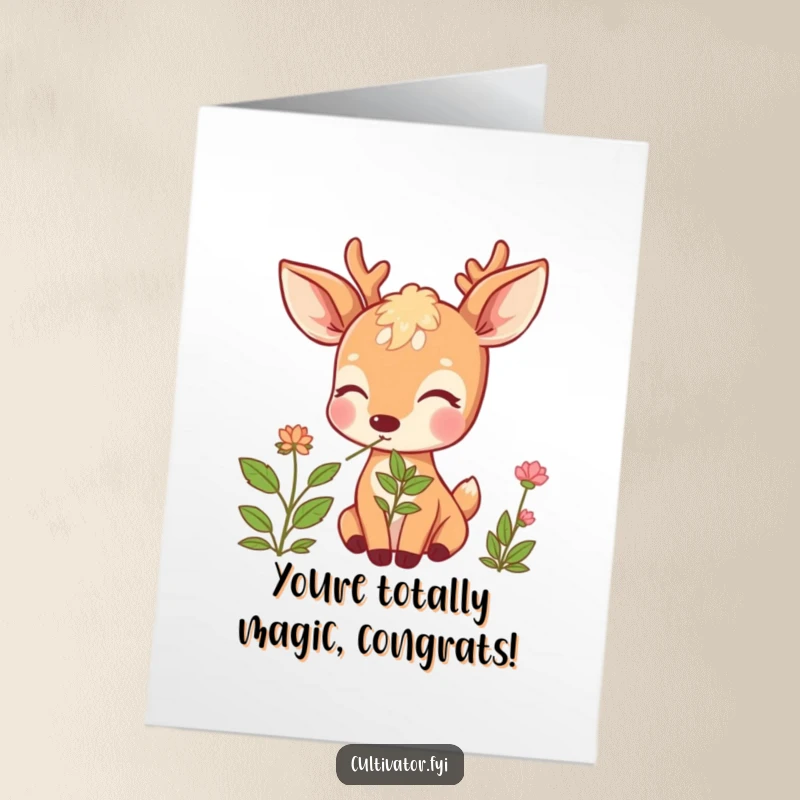 Funny Free Printable Deer Congratulations Card: A happy deer enjoys a fragrant herb, celebrating your fantastic news.