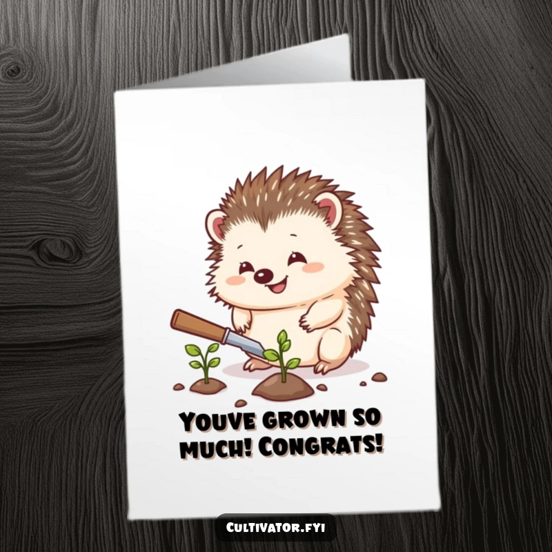 Funny Free Printable Congrats Card: A hedgehog gently planting a seed, perfect for conveying humorous congratulations on growth.