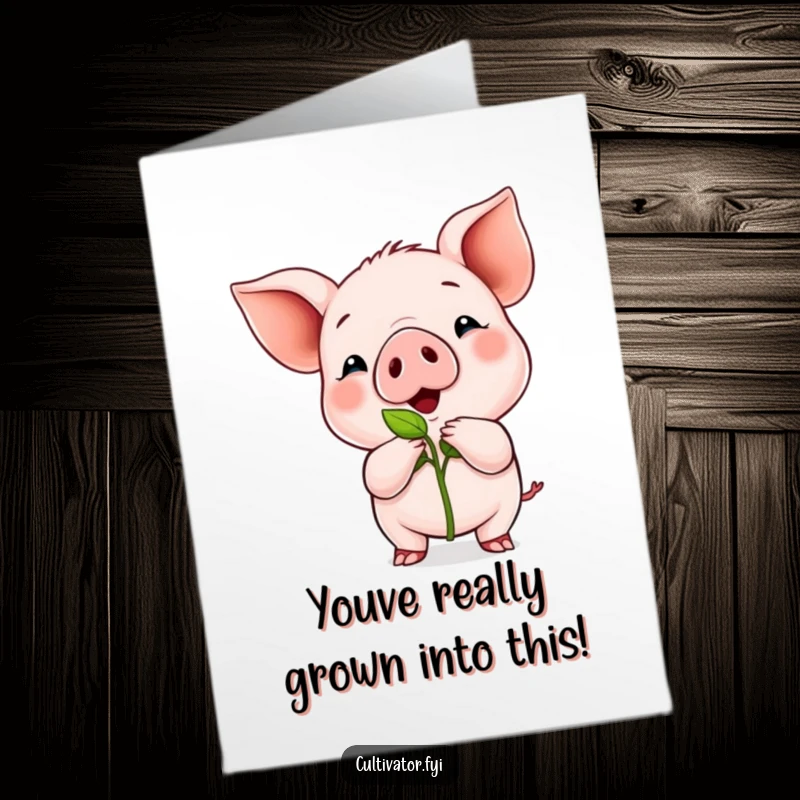 Funny Free Printable Piglet Congratulations Card: A proud piglet proudly displaying a tiny green sprout, symbolizing growth and achievement.