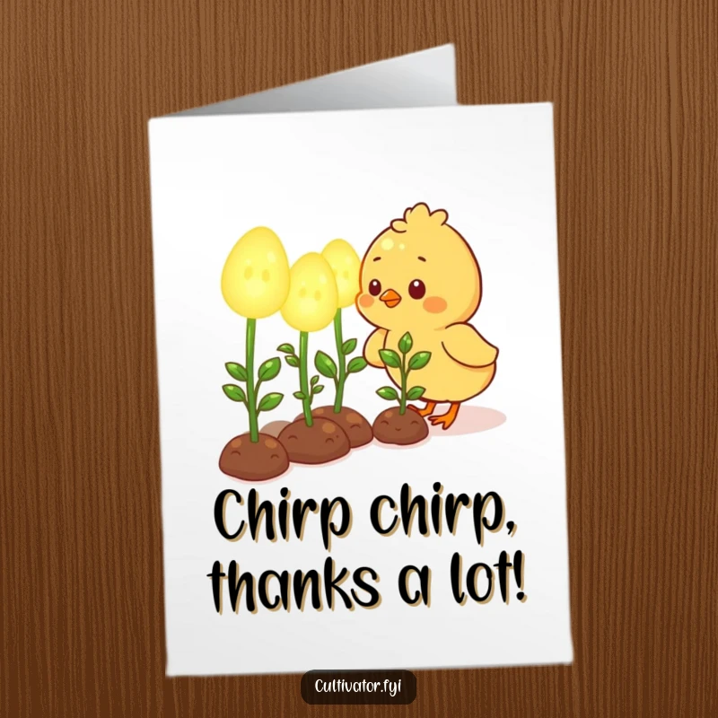 Funny Free Printable Thank You Card: Cute chick happily tending to large, glowing seedlings. Sweet, growing DIY card.