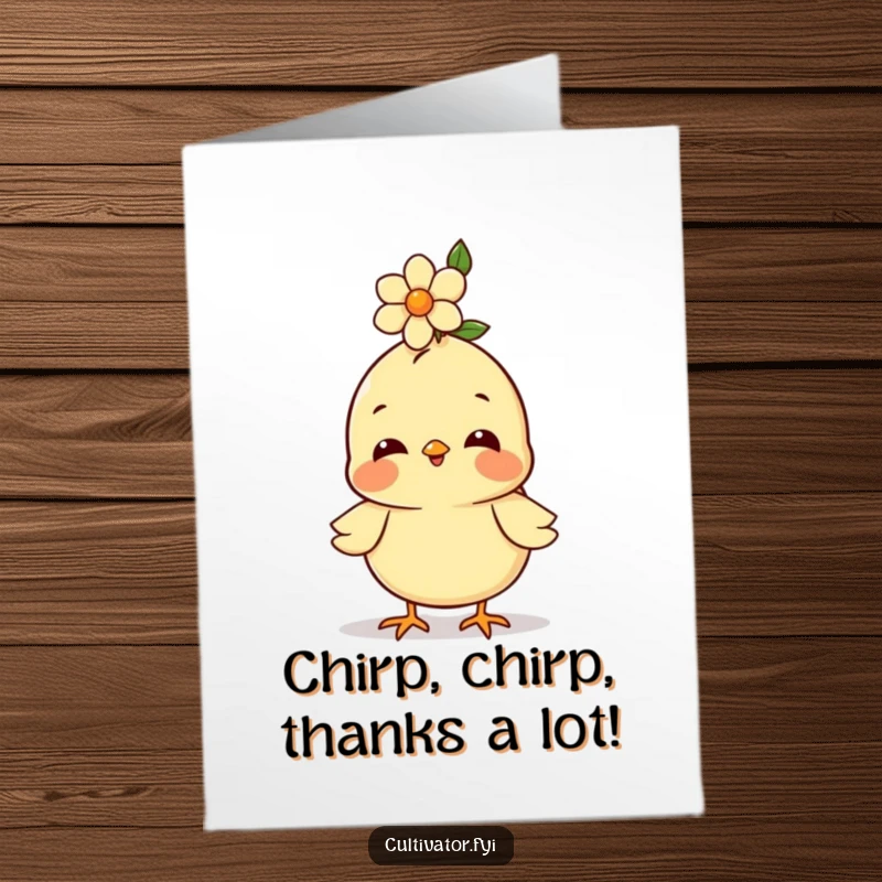 Funny Free Printable Thank You Card: A happy little chick with a blooming flower perched on its head, saying thanks with a nod.