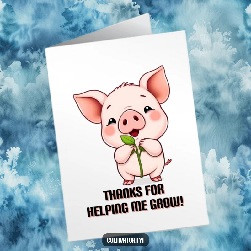 Funny Free Printable Piglet Thank You Card: A proud piglet showing off a tiny green sprout, offering heartfelt thanks.