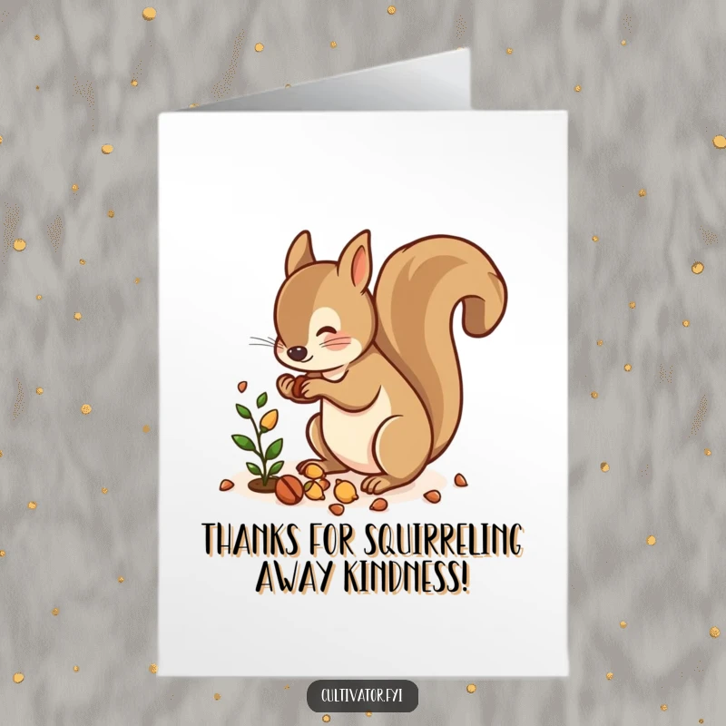 Funny Free Printable Squirrel Thank You Card: A squirrel scattering nuts near a plant, conveying thanks with a playful spirit.