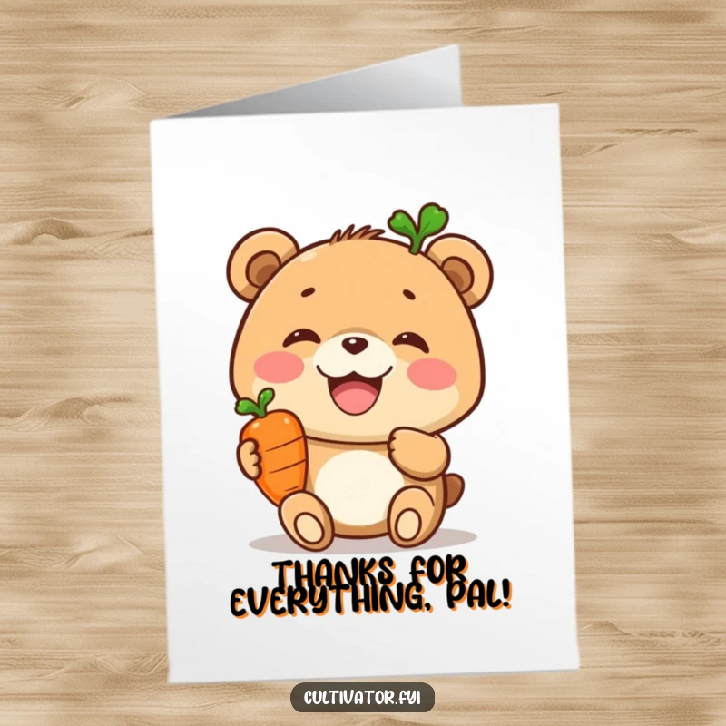 Funny Free Printable Thank You Card: A joyful bear proudly holds up a tiny carrot, offering a unique thank you.
