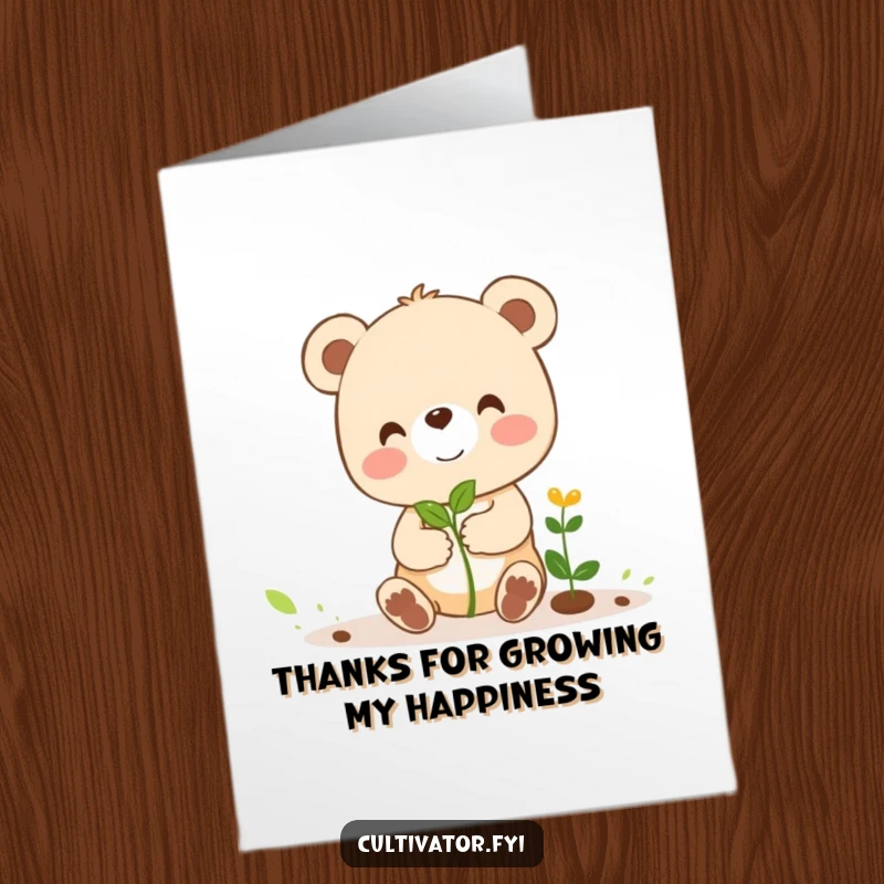 Funny free printable thank you card of a bear cub guiding a little sprout, a heartwarming downloadable.