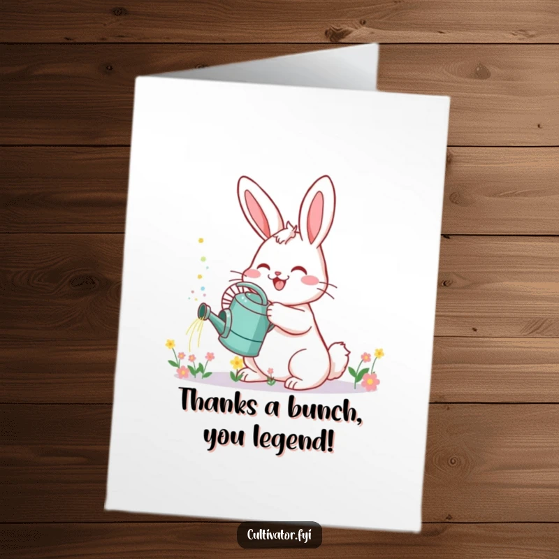 Funny Free Printable Thank You Card: Happy bunny with a watering can, showering tiny flowers, a cute way to say thanks.
