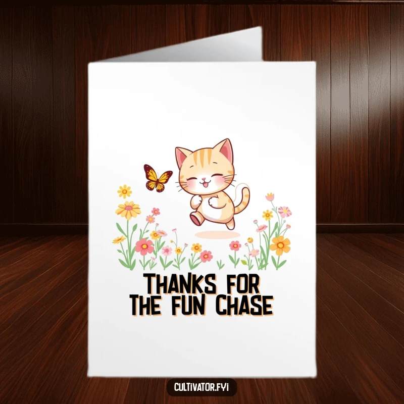 Funny Free Printable Thank You Card: Lively cat chases a butterfly through flowers, sending a message of cheerful thanks.