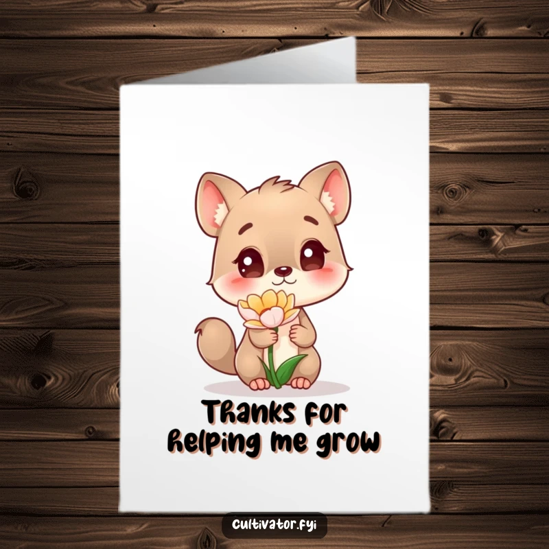 Funny Free Printable Thank You Card: An inquisitive animal is captivated by the beauty of a small, unfolding flower.