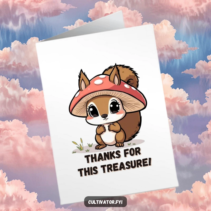 Funny Free Printable Thank You Card: Curious squirrel examining a large mushroom intently, showing unique gratitude.