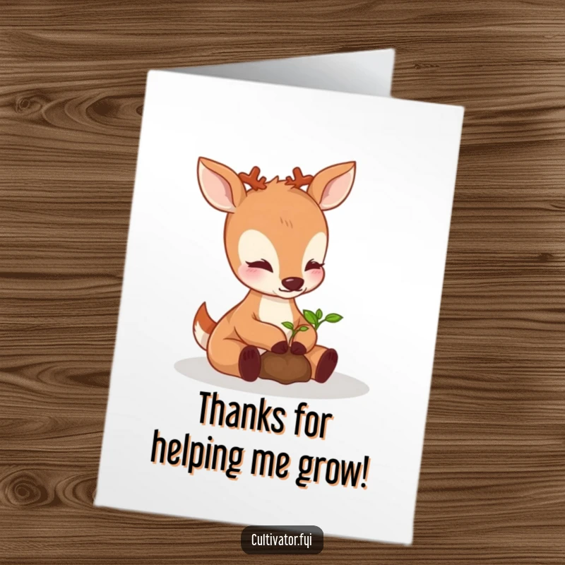 Sweet Free Printable Thank You Card: Deer gently petting a sprouting seedling, showing care and gratitude, downloadable art, print at home.