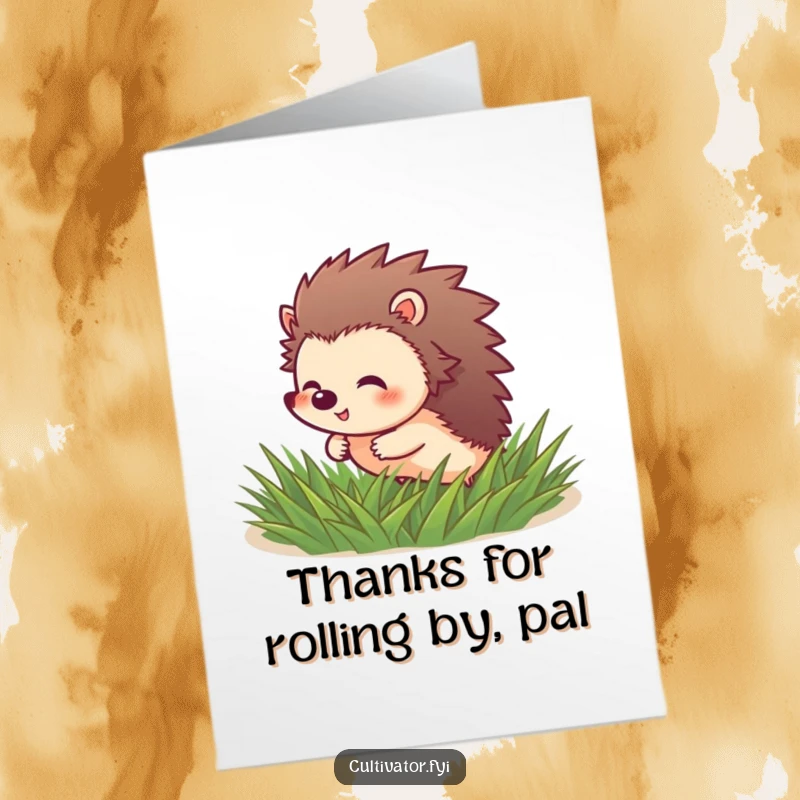 Funny Free Printable Thank You Card: A giggling hedgehog character rolling through soft green grass, a delightful way to say thanks.