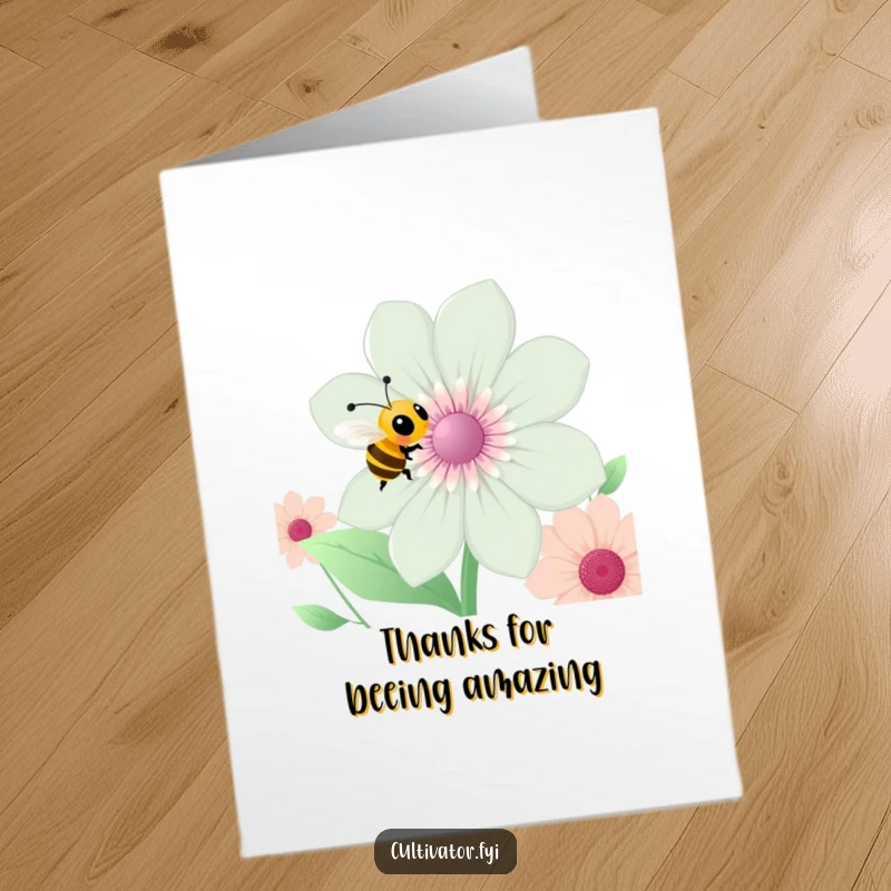 Funny Free Printable Thank You Card: A happy bee buzzing near a large flower, offering a humorous thank you note.