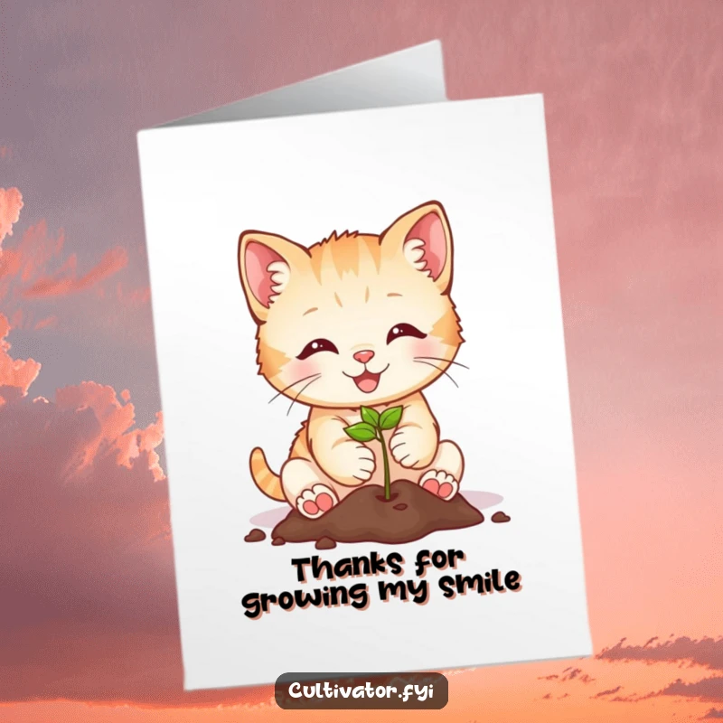 Cute Free Printable Thank You Card: A cheerful kitten planting a seed, conveying gratitude and gentle appreciation.