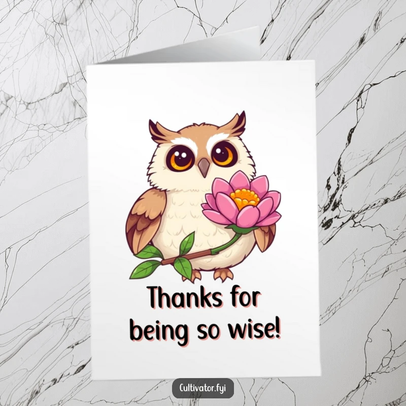 Charming Free Printable Thank You Card: Joyful owl observing a colorful flower bloom, expressing appreciation, downloadable art, print at home.